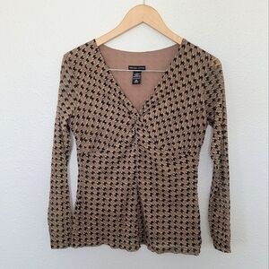 New York & Company | Y2k Houndstooth Tan Black V-Neck Rouched Twist Blouse 00s